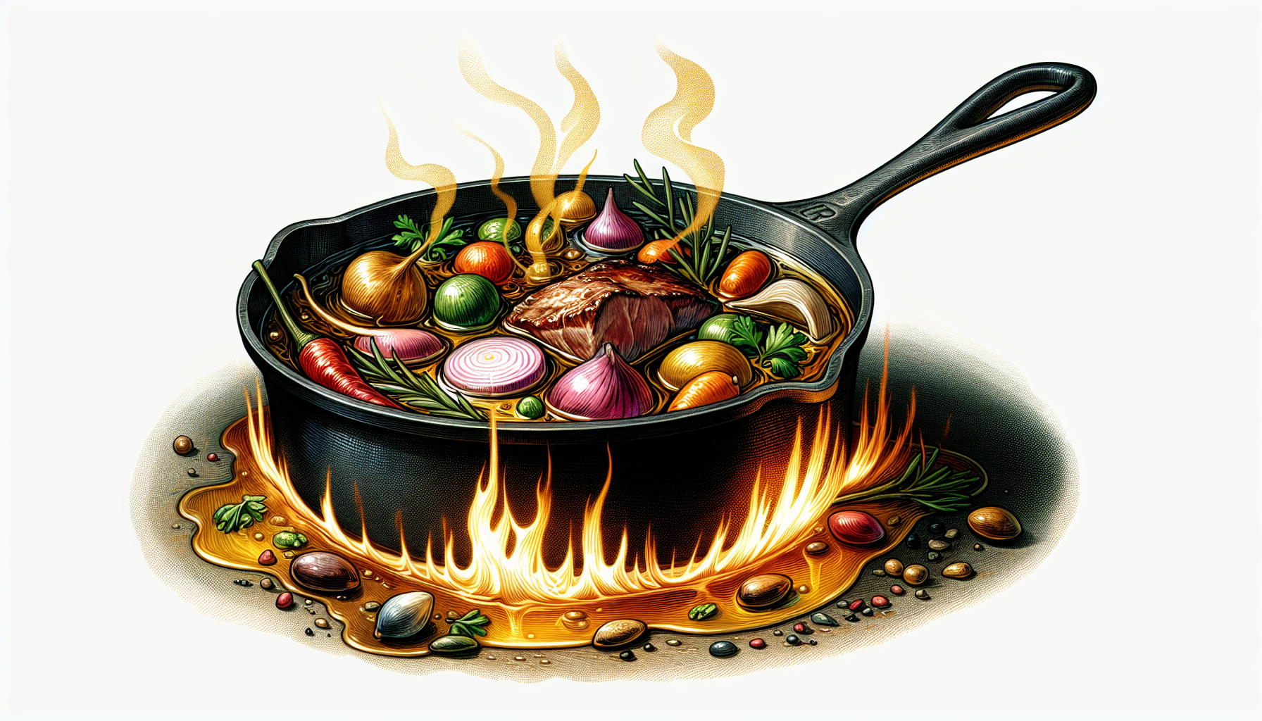 A pan sizzling with food being cooked in beef tallow